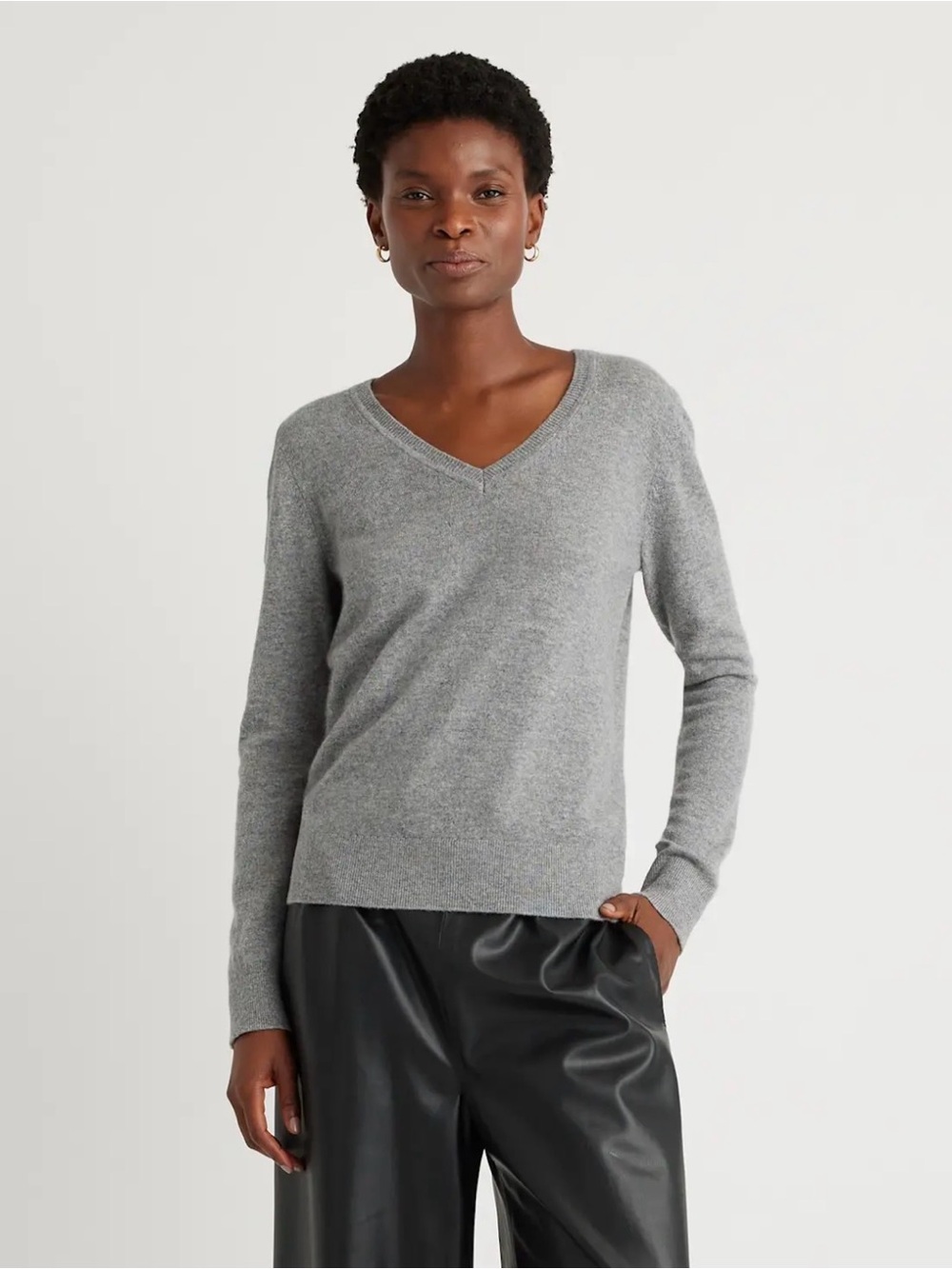 Quince V-Neck Sweater Women XL Gray Organic Cotton Cashmere Blend Long Sleeve